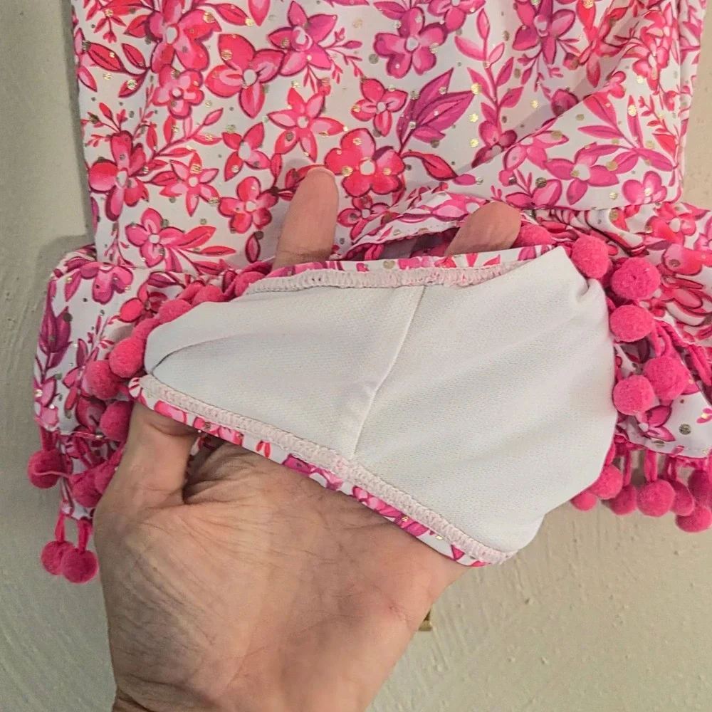 Nicole Miller Girls Floral Ruffle Pom Pom One Piece Swimsuit Sz 6 Preppy Boho